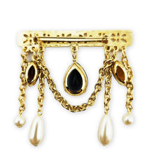 Load image into Gallery viewer, Vintage Gold Tone Filigree Glass Faux Pearl Chain Dangle Bar Brooch Pin 2-3/4"