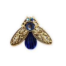 Load image into Gallery viewer, Vintage Gold Tone Jelly Belly Cobalt Blue Glass Rhinestone Bee Brooch Pin 1-1/2"