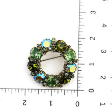 Load image into Gallery viewer, Vintage Green AB Rhinestone Gold Tone Wreath Brooch and Clip On Earrings Set