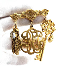Load image into Gallery viewer, Vintage Gold Tone Monogram Key Heart Rhinestone Tassel Charm Brooch Pin 3-1/4"