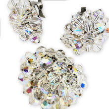 Load image into Gallery viewer, Vintage Clear AB Glass Bead Cluster Silver Tone Brooch and Clip On Earrings Set