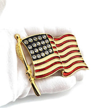 Load image into Gallery viewer, Huge Vintage Gold Tone Enamel Rhinestone US Flag Patriotic Brooch Pin 3-1/4"
