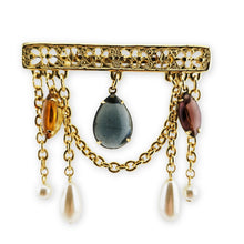 Load image into Gallery viewer, Vintage Gold Tone Filigree Glass Faux Pearl Chain Dangle Bar Brooch Pin 2-3/4"