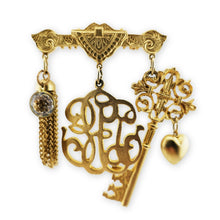 Load image into Gallery viewer, Vintage Gold Tone Monogram Key Heart Rhinestone Tassel Charm Brooch Pin 3-1/4"