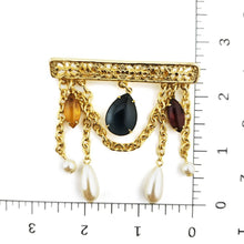 Load image into Gallery viewer, Vintage Gold Tone Filigree Glass Faux Pearl Chain Dangle Bar Brooch Pin 2-3/4"