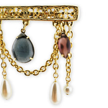 Load image into Gallery viewer, Vintage Gold Tone Filigree Glass Faux Pearl Chain Dangle Bar Brooch Pin 2-3/4"