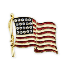 Load image into Gallery viewer, Huge Vintage Gold Tone Enamel Rhinestone US Flag Patriotic Brooch Pin 3-1/4"
