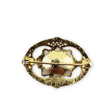 Load image into Gallery viewer, Vintage Gold Tone Openwork Filigree Oval Clear Rhinestone Brooch Pin 1-5/8"