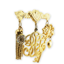 Load image into Gallery viewer, Vintage Gold Tone Monogram Key Heart Rhinestone Tassel Charm Brooch Pin 3-1/4"