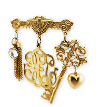 Load image into Gallery viewer, Vintage Gold Tone Monogram Key Heart Rhinestone Tassel Charm Brooch Pin 3-1/4"