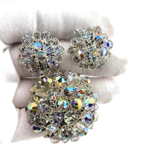 Load image into Gallery viewer, Vintage Clear AB Glass Bead Cluster Silver Tone Brooch and Clip On Earrings Set