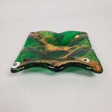 Load image into Gallery viewer, Green Glass Dish Ashtray w/ Millefiori &amp; Gold Veining on Surface 4" x 4"