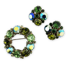 Load image into Gallery viewer, Vintage Green AB Rhinestone Gold Tone Wreath Brooch and Clip On Earrings Set