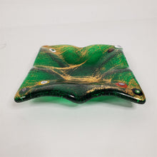 Load image into Gallery viewer, Green Glass Dish Ashtray w/ Millefiori &amp; Gold Veining on Surface 4" x 4"