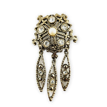 Load image into Gallery viewer, Vintage Antiqued Gold Tone Filigree Rhinestone Faux Pearl Dangle Brooch Pin 3"