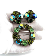 Load image into Gallery viewer, Vintage Green AB Rhinestone Gold Tone Wreath Brooch and Clip On Earrings Set