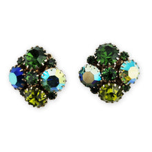 Load image into Gallery viewer, Vintage Green AB Rhinestone Gold Tone Wreath Brooch and Clip On Earrings Set