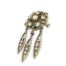 Load image into Gallery viewer, Vintage Antiqued Gold Tone Filigree Rhinestone Faux Pearl Dangle Brooch Pin 3"