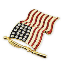 Load image into Gallery viewer, Huge Vintage Gold Tone Enamel Rhinestone US Flag Patriotic Brooch Pin 3-1/4"