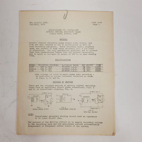 Vtg 1948 Astatic Crystal Recording Heads Installation Manual X-26,X-29-A C-42