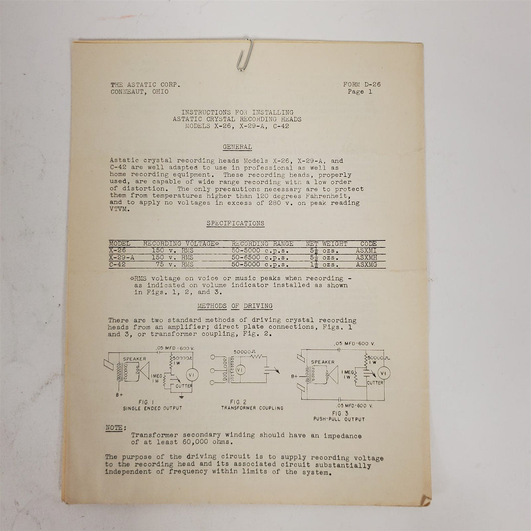 Vtg 1948 Astatic Crystal Recording Heads Installation Manual X-26,X-29-A C-42