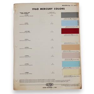 60 1960 MERCURY Original Paint Chips Color Samples 2 Pages DUPONT